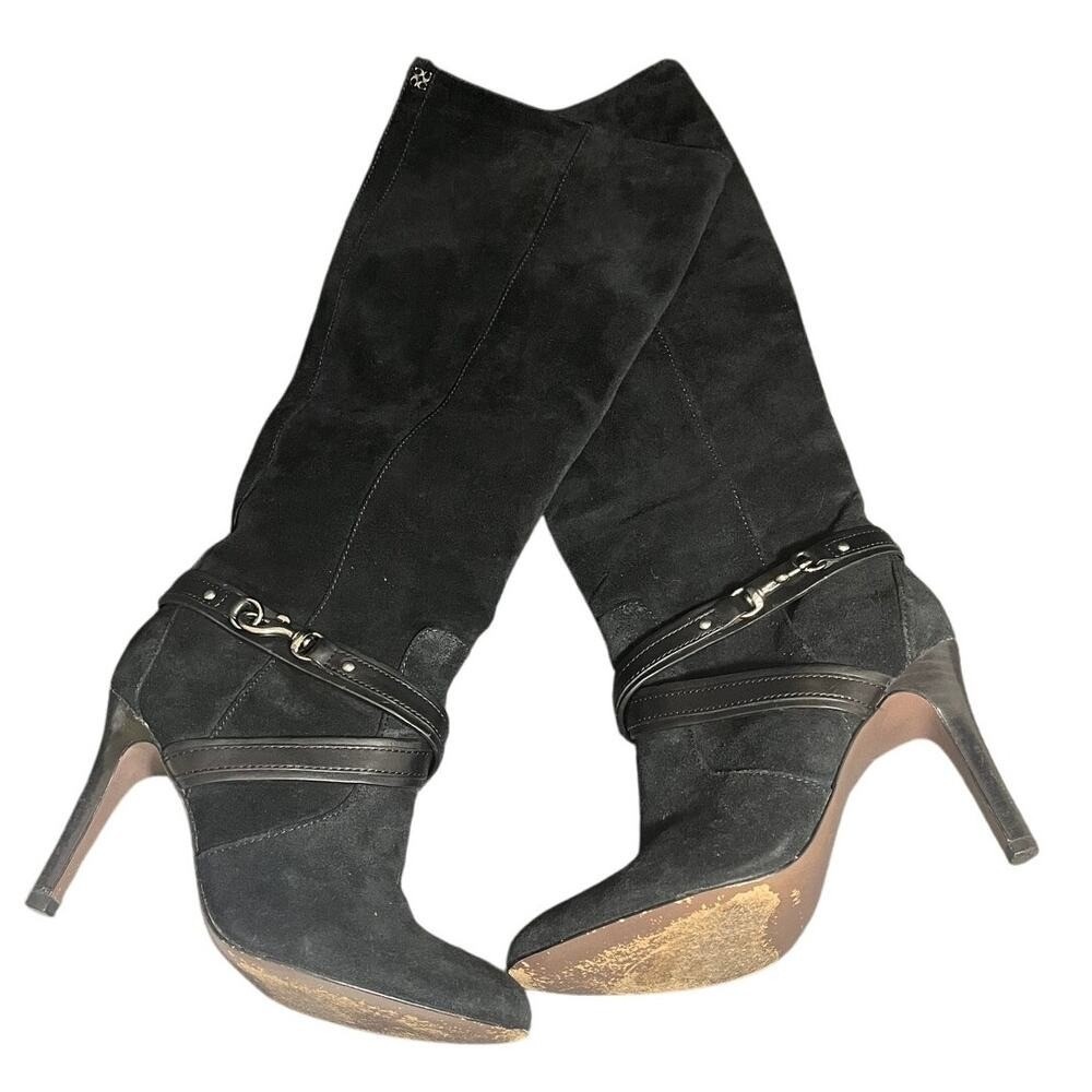 Coach Knee High Boots Womens 7.5 Black Suede Leather Harness Stiletto Heels
